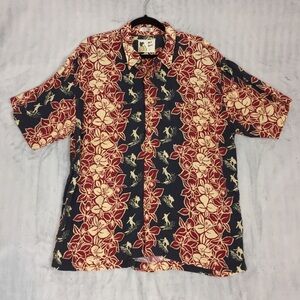 Vintage Hawaiian Surfer Shirt Mens XL Rayon Navy Red Cream Floral Light Weight